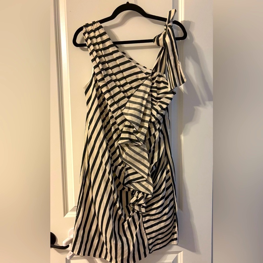 Renee C. Black and White Striped One Shoulder Dress